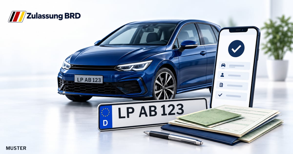 Online Fahrzeugzulassung in Möhnesee: Musterkennzeichen LP AB 123, Auto und Fahrzeugpapiere und Smartphone. Illustration mit Logo von Zulassung BRD.